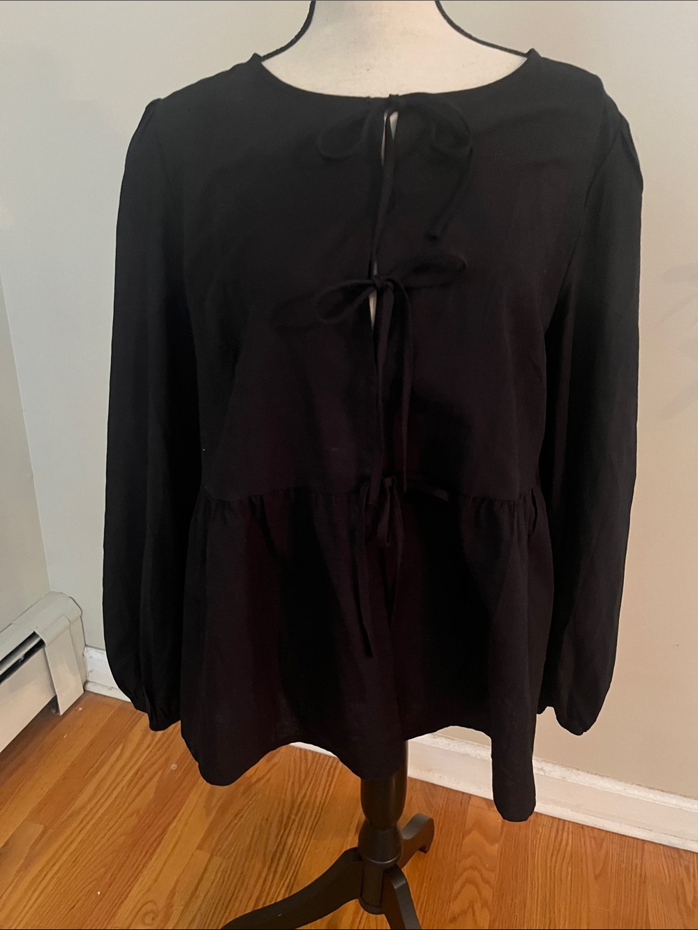 Black Tie-Front Peplum Tunic Top